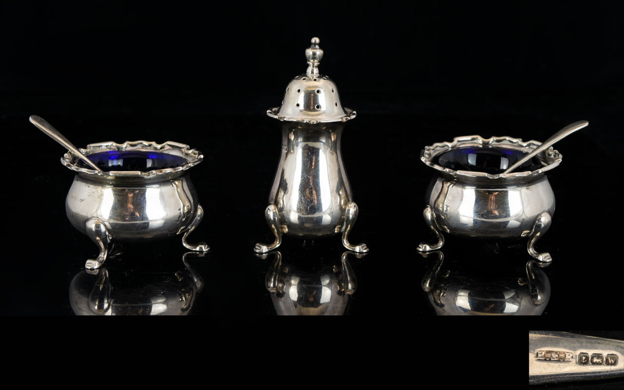 Mappin and Webb Solid Silver ( 5 ) Piece Cruet Set with Splayed Hoof From Support.