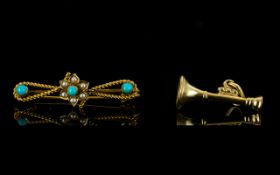 Victorian Period 18ct Gold Seed Pearl and Turquoise Set Brooch with Flower head Setting. Not