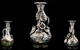 Art Nouveau Style Silver Overlaid Glass Bud Vase Applied leaf, vine and foliate design,