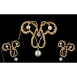 Antique Period Superb 14ct Yellow Gold Diamond and Seed Pearl Set Brooch of Exquistate Form with