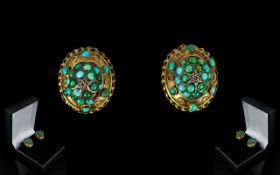 Victorian Period 9ct Gold Pair of Ornate Designed Turquoise Set Earrings. c.1860. Marked 9ct. Very