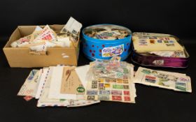 Stamp Interest - Box and Two Tins Full of mid-period USA Stamps on and off paper.