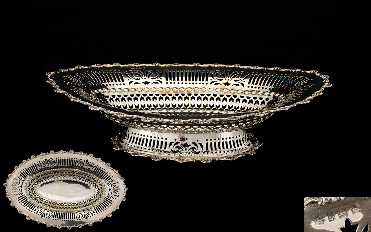 Edwardian Period - Attractive Solid Silver Open worked / Pierced Footed Fruit Bowl of Ovate Form,