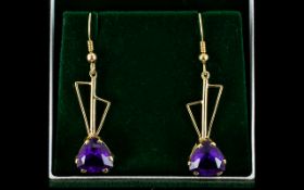 Ladies - Fine Pair of Stunning Art Deco Style 9ct Gold Amethyst Set Pair of Earrings / Drops.