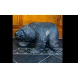 Large Black Forest Style Carved Wooden Bear, Realistically modelled in foraging pose,