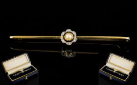 Edwardian Period 15ct Pearl / Diamond / Enamel Set Brooch, Not Marked but Tests Gold.