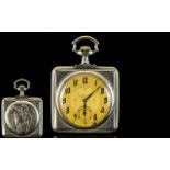 Art Nouveau - Stylish Slim-fold Silver Square Shaped Hunting Scene Open Faced Pocket Watch. The Back