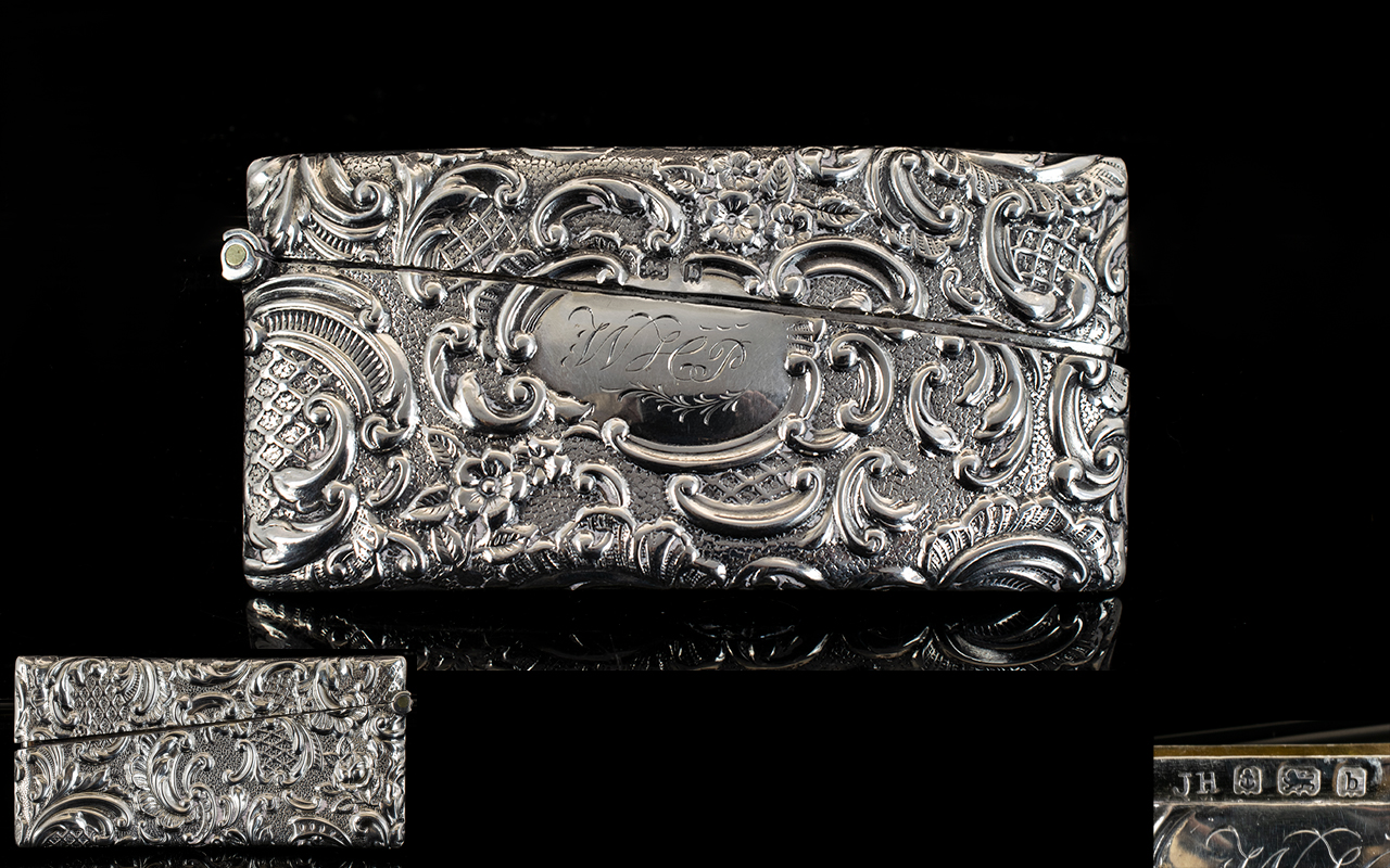 Victorian Period Fine Quaity Embossed Silver Card Case of Rectangular Form.