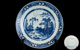 Chinese Export Blue And White Cabinet Plate Depicting traditional buildings with fisherman and