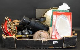 A Mixed Box Of Collectibles To include boxed flatware, tray, two pairs of binoculars, box camera,