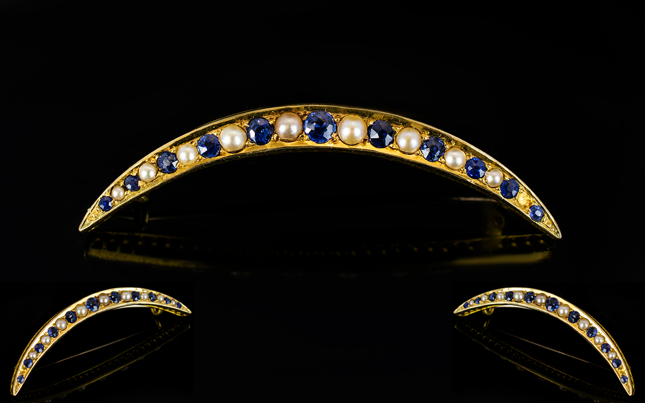 Victorian Period - Attractive 18ct Yellow Gold Sapphire and Pearl Set Cresent Moon Brooch,