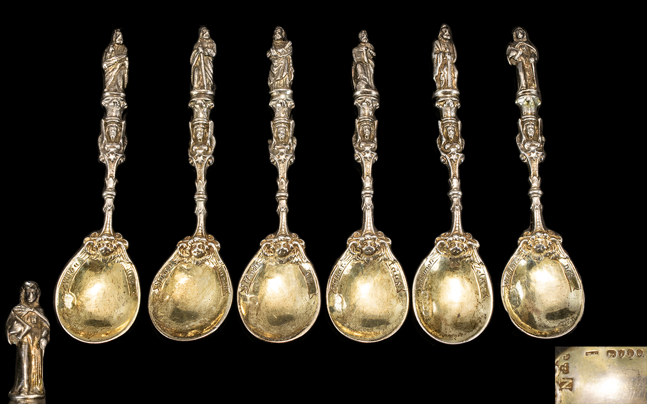 Dutch - Wonderful Quality 19th Century Set of Six Cast Silver and Gilt Apostle Spoons. The Figure of