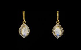 Rainbow Moonstone Drop Earrings, each earring having a 1.