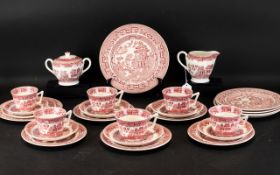 Willow Pattern Pink Tea Set to include 6 cups, 6 saucers, 6 side plates, 6 sandwich plates,