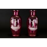 Victorian Period 1880's True Pair of ' Mary Gregory ' Style Ruby Glass Vases of Good Form and
