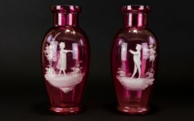 Victorian Period 1880's True Pair of ' Mary Gregory ' Style Ruby Glass Vases of Good Form and