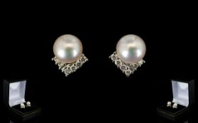 18ct White Gold Pearl And Diamond Set Stud Earrings Contemporary stud earrings,