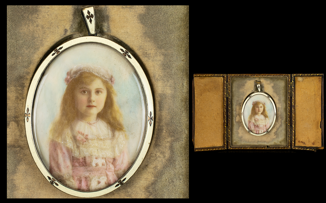 A Late Victorian/Edwardian Portrait Miniature Depicting a young girl painted on ivory,