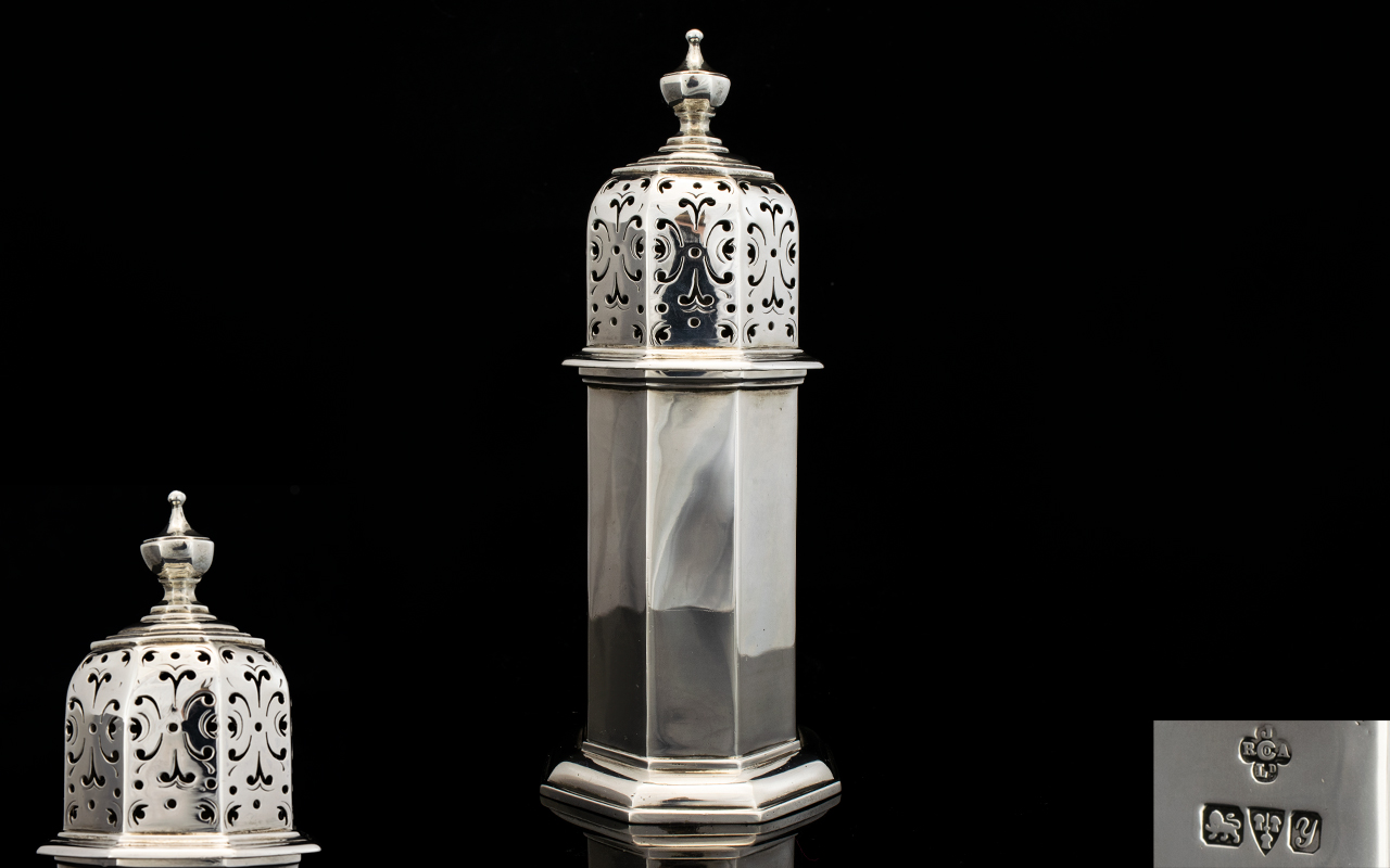 Top Quality - Solid Silver Octagonal Shaped Solid Silver Sugar Castor of Architectural Form.