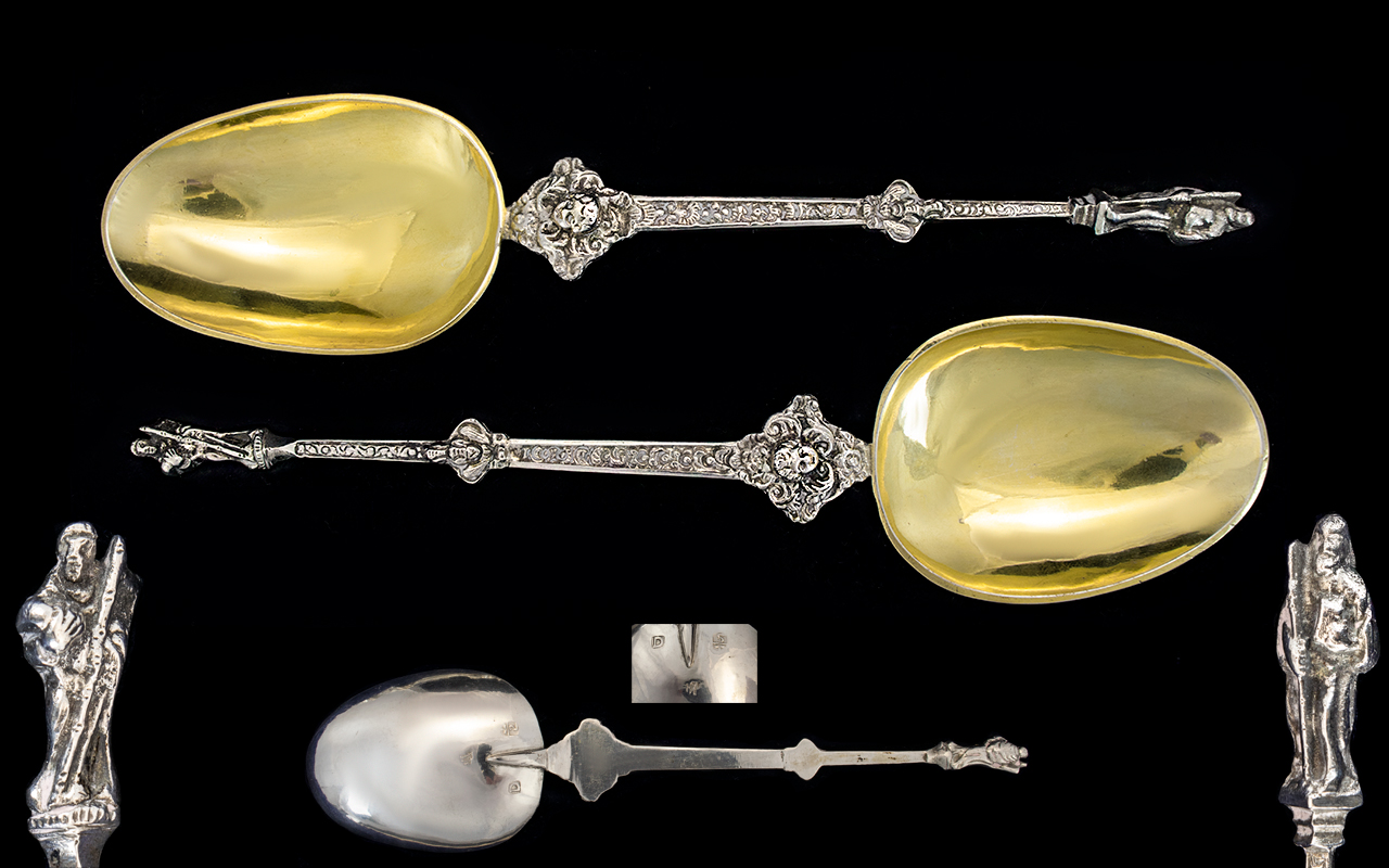 European Fine Quality Late 19th Century Pair of Solid Silver Apostle Anointing Spoons In Original