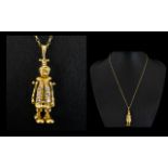 18ct Gold - Well Made Diamond Set Articulated Clown Figure / Pendant / Charm, Attached to a 9ct Gold