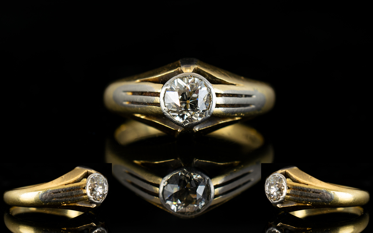 Gents - 18ct Gold and Platinum Single Stone Diamond Gypsy Set Dress Ring.