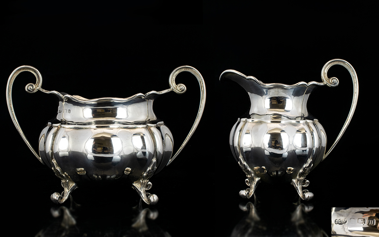 Art Deco Period Nice Quality Pair of Sterling Silver Twin Handle Milk Jug and Sugar Bowl,