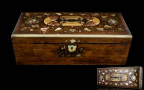 Late Victorian Rosewood Hinged Box, The Top Inlaid With Abalone And Various Coloured Minerals,