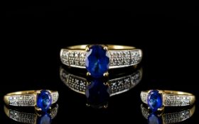 18ct Gold - Attractive Tanzanite and Diamond Set Dress Ring, Full Hallmark for 750 - 18ct.