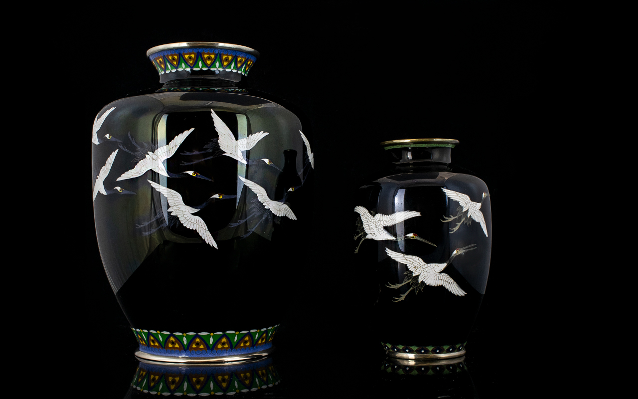 Fine Quality Japanese Cloisonne Vases, oviform shape with silver wire decoration.