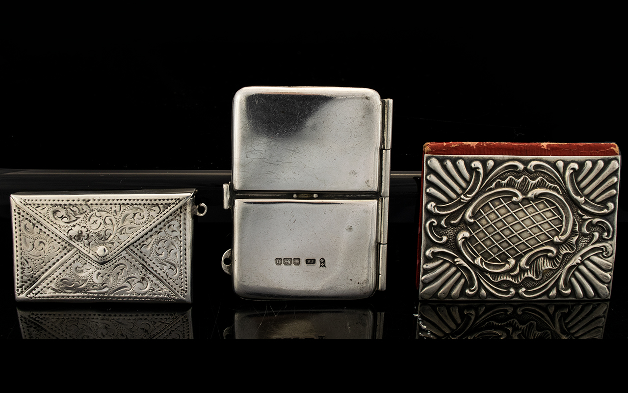 An Excellent But Small Collection of Antique Period Solid Silver Stamp Cases ( 3 ) Three In Total.