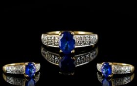 18ct Gold - Attractive Tanzanite and Diamond Set Dress Ring, Full Hallmark for 750 - 18ct. The