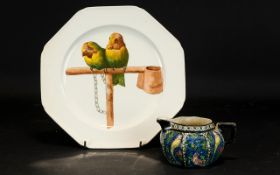 French Octagonal (Faience Porcelaines Christaux) Cabinet Plate with scene of budgerigar to front