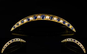 Victorian Period - Attractive 18ct Yellow Gold Sapphire and Pearl Set Cresent Moon Brooch, Poss