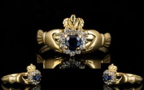 Ladies 9ct Gold Sapphires and Diamonds Coronet Claddagh Dress Ring,