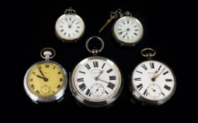 A Collection Of Four Silver Cased Pocket Watches All with white enamel dials and Roman numerals,