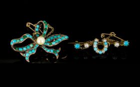 A Victorian Turquoise Set Ribbon Brooch In Yellow Metal Set with a central seed pearl with attached