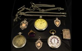 A Mixed Lot Of Pocket Watches Fobs And Chains To include a white metal/silver Albertina,