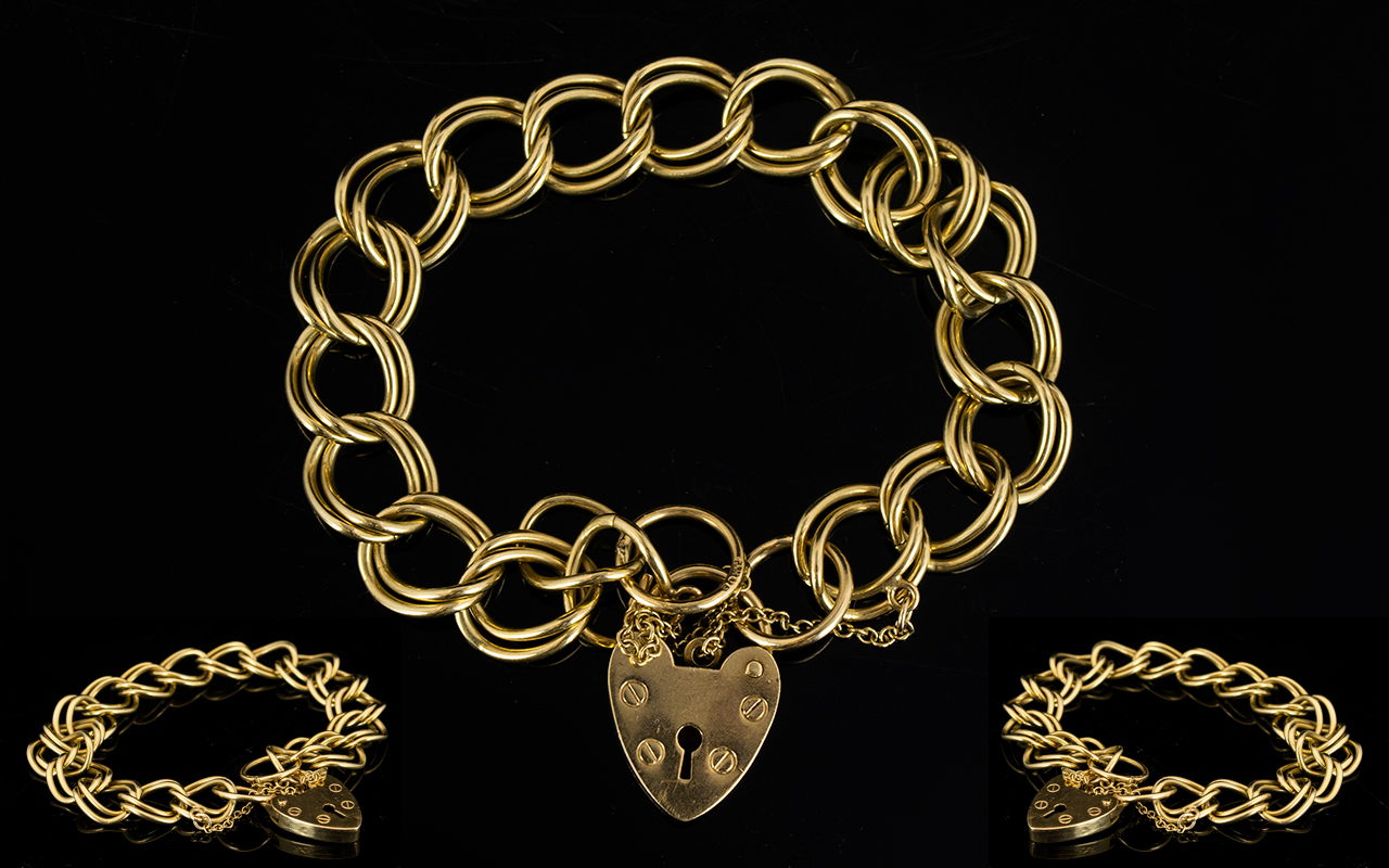 Ladies Attractive 9ct Gold Double Link Bracelet With Heart-Shaped Padlock.