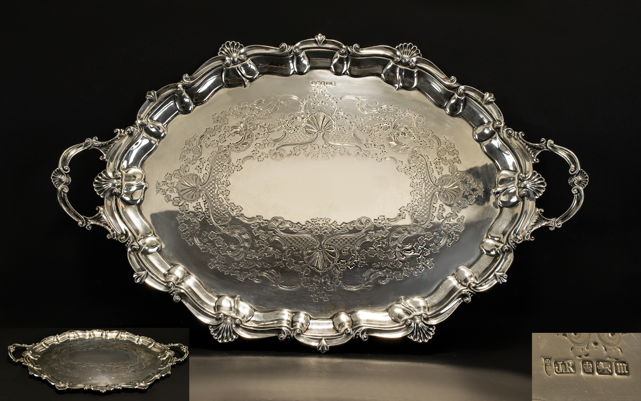 Edwardian Period Large & Impressive Solid Silver Twin-handled Gallery Tray with Cast Shell Borders