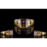 Ladies Attractive Modern 9ct Gold Amethyst and Diamond Set Dress Ring of Pleasing Form.