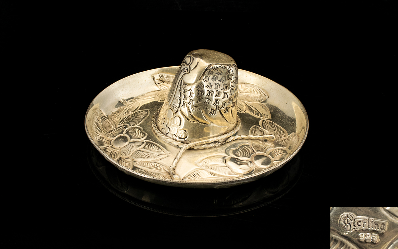 Mexican Silver Novelty Pin Dish In The Form Of A Sombrero Realistically modelled with embossed