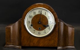 Art Deco Walnut Finish Mantel Clock Silver chapter dial with Arabic numerals,