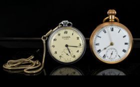 A Gold Plated Open Faced Waltham Pocket Watch White enamel dial,