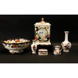 A Small Collection Of Masons Mandalay Painted Ceramics To Include Table Clock, A Bowl, Two Vases,