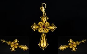 18ct Gold Filigree Ruby Set Cross / Pendant, Craftsman Made to High Quality. Mark 18ct. 2.5 grams.