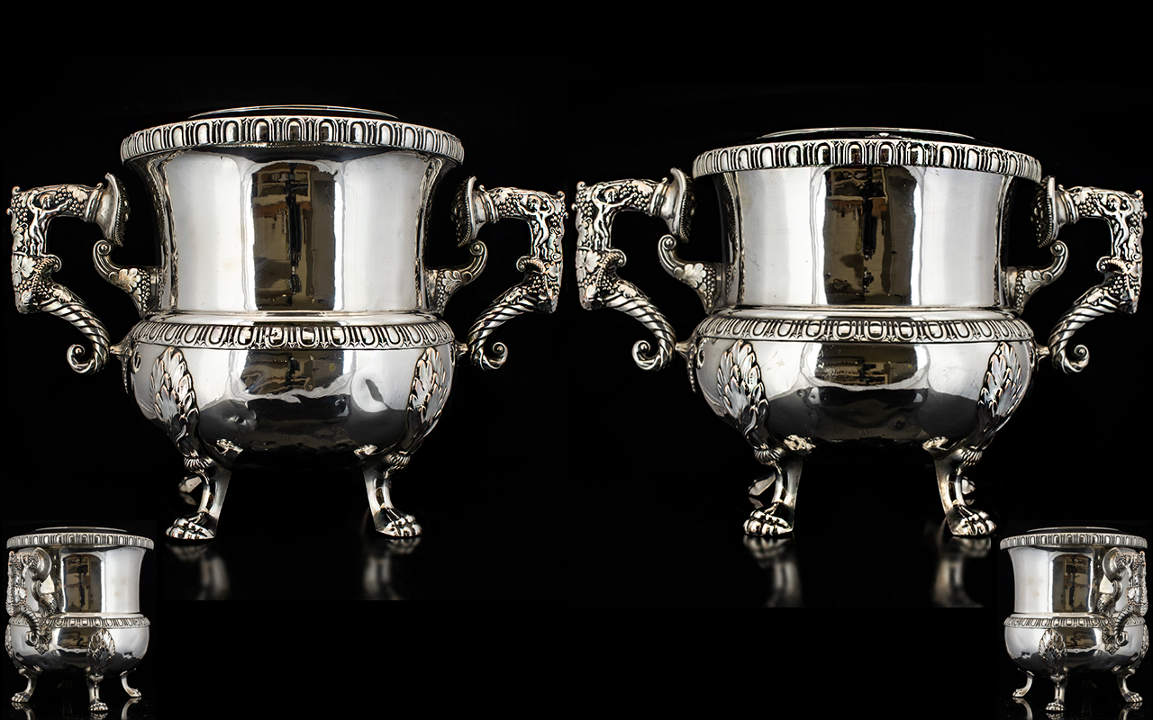 William IV Impressive and Large Pair of Irish Cast Silver Plated Twin Handle Champagne Coolers. c.