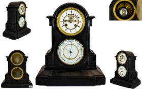 Late 19thC Black Slate Mantel Clock And Barometer, Of Arched Form,