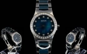 Ladies Cased Bering Ceramic Swarovski Crystal Bezel Set Ultra Slim Wrist Watch with push button