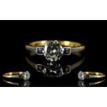 Ladies Attractive 18ct & Platinum Single Stone Diamond Set Dress Ring with baguette cut Sapphire